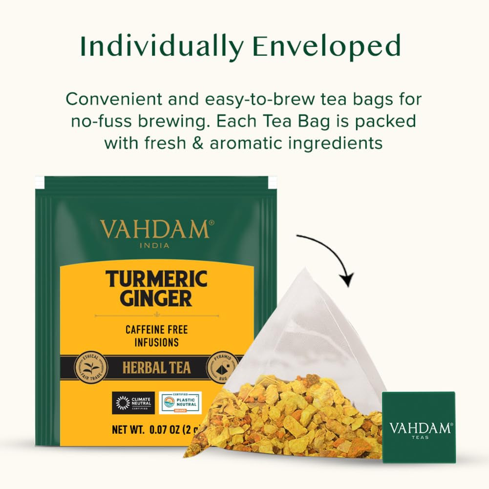 VAHDAM, Turmeric Ginger Herbal Tea Bags (15 Pyramid Tea Bags) Caffeine Free, Non
