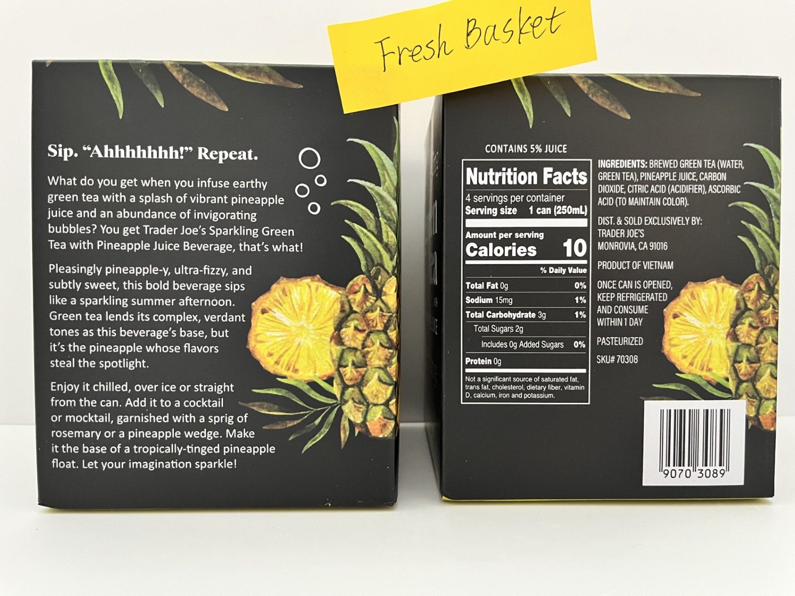 2 Packs-(8) Cans -Trader Joe’s Sparkling Green Tea w/ Pineapple Juice Beverage