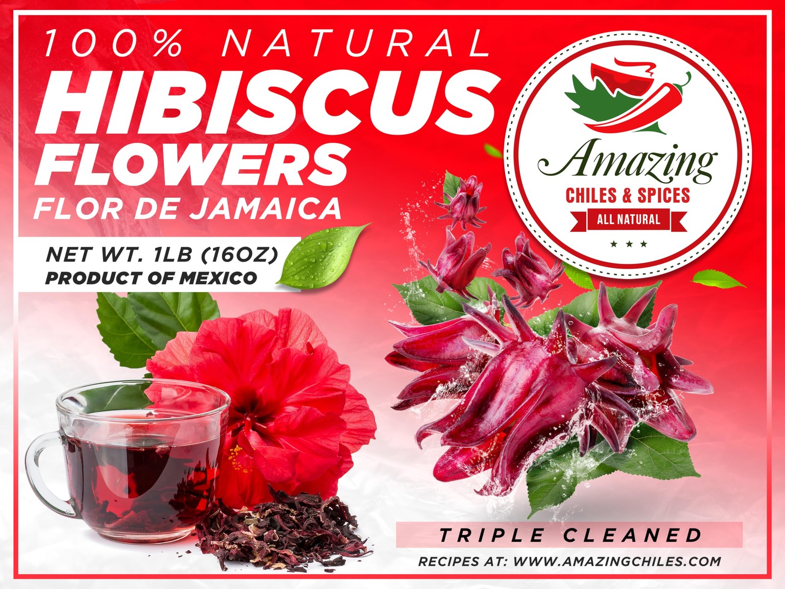 Hibiscus Flowers 1lb 16oz All Natural Triple Cleaned Whole Soft and Petals