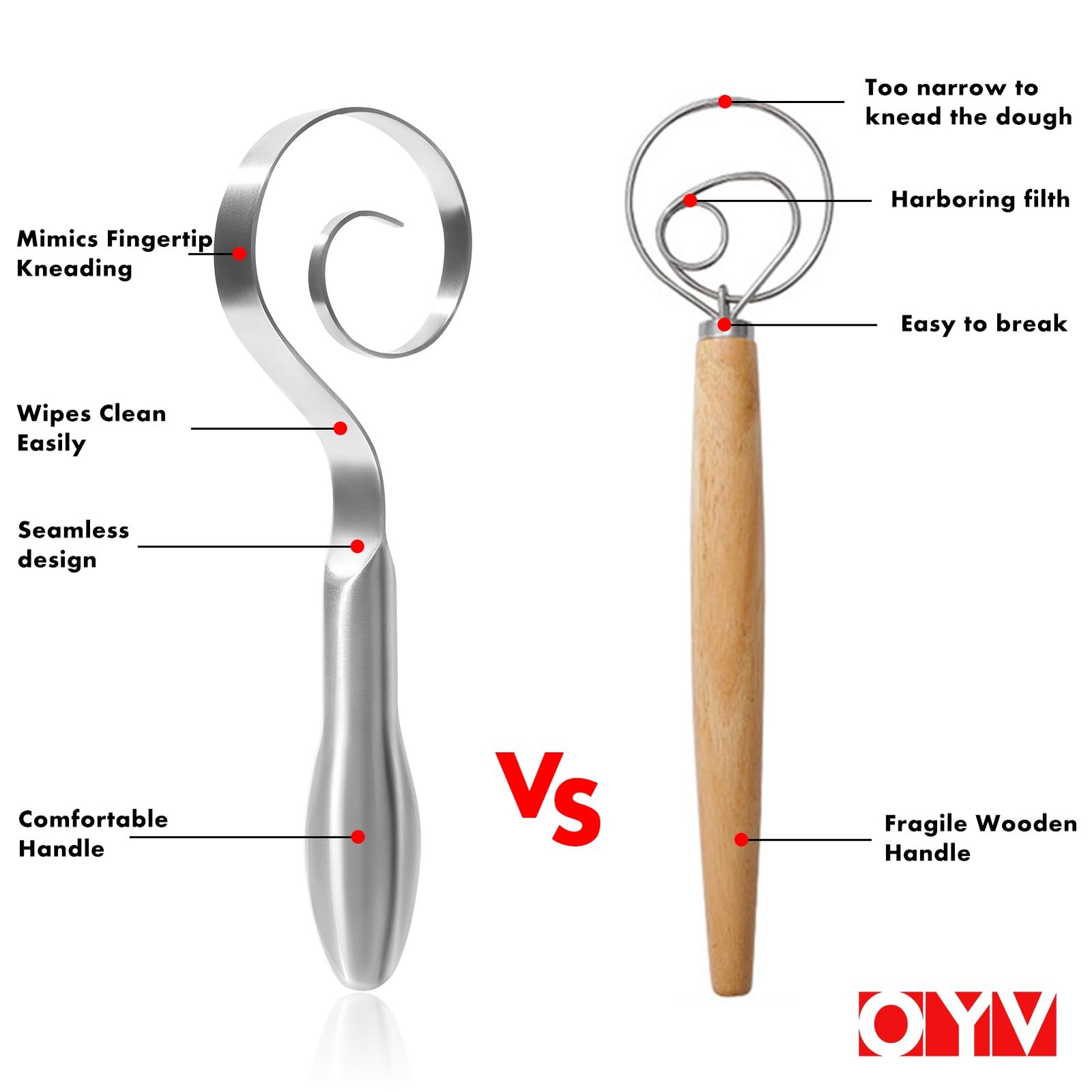 OYV Seamless Dough Whisk, 18/10 Stainless Steel 9-inch, Platinum Silver