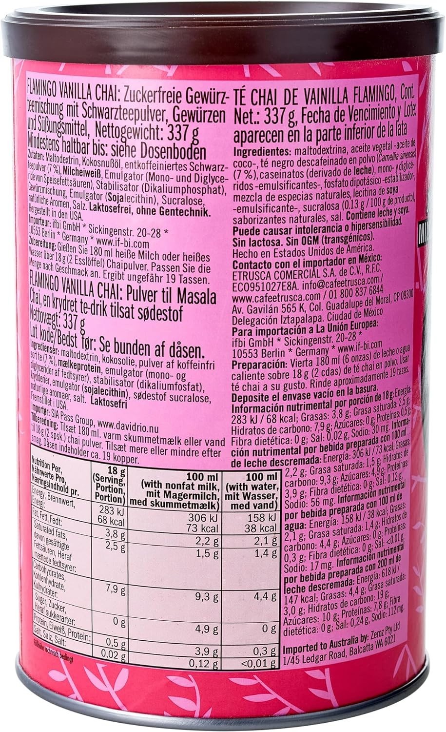 Flamingo Vanilla Decaf Chai Tea Latte Mix – Sugar Free & Organic, 11.9 Oz