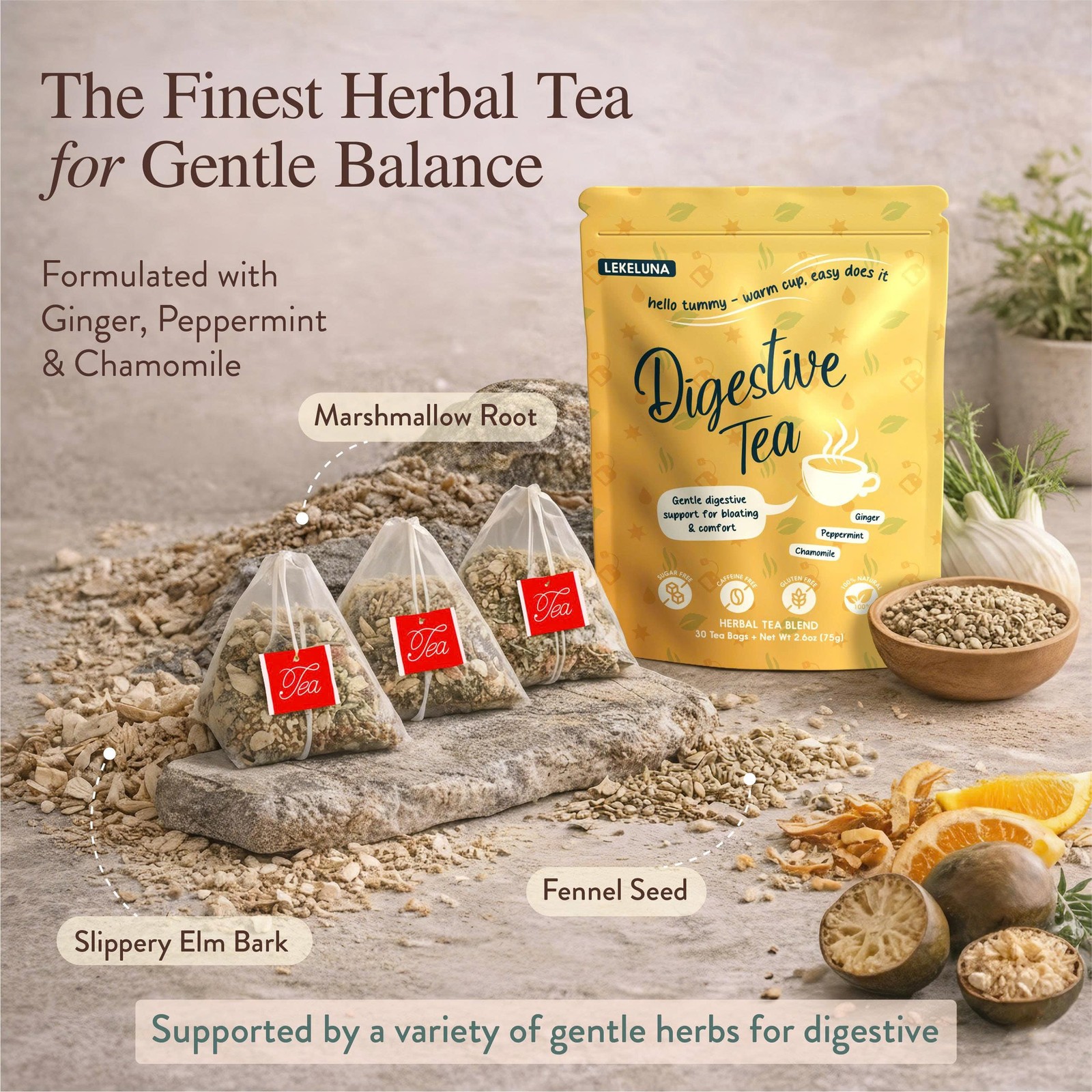Lekeluna Digestive Tea – Ginger Peppermint Herbal Tea, Caffeine-Free Peppermi…