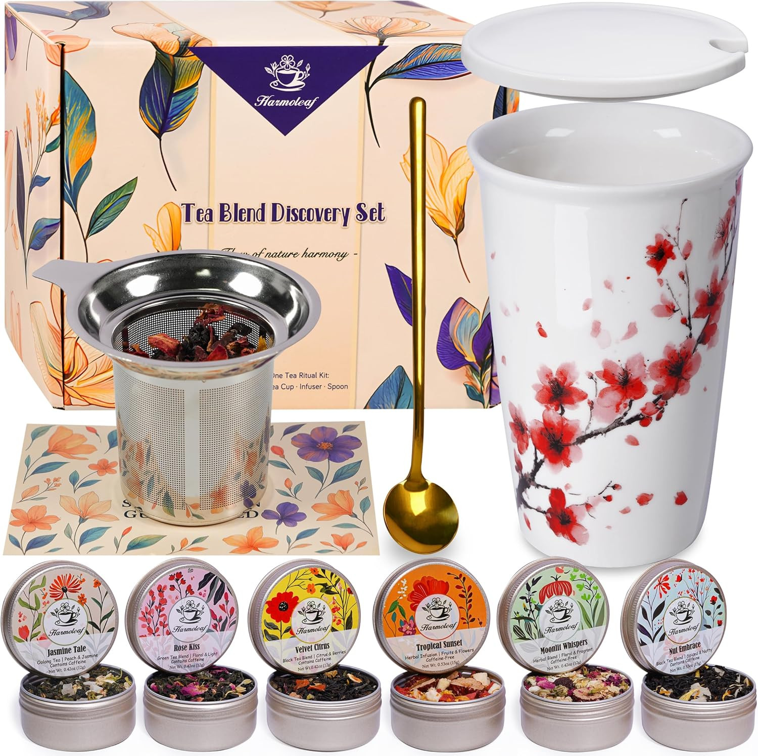 Tea Gift Set for Women – 6 Herbal Loose Leaf Tea Blends, Insulated Ceramic Cup w