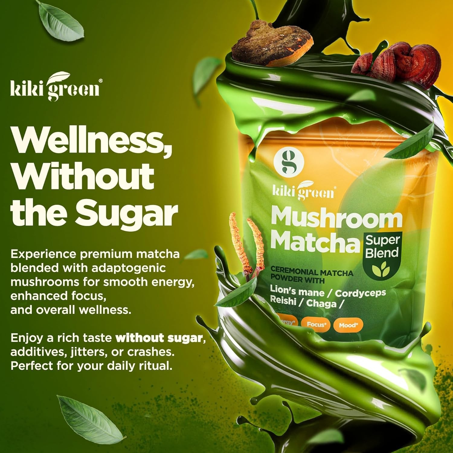 KIKI Green Mushroom Matcha Super Blend – Matcha Powder with Lion’s Mane, Chaga,