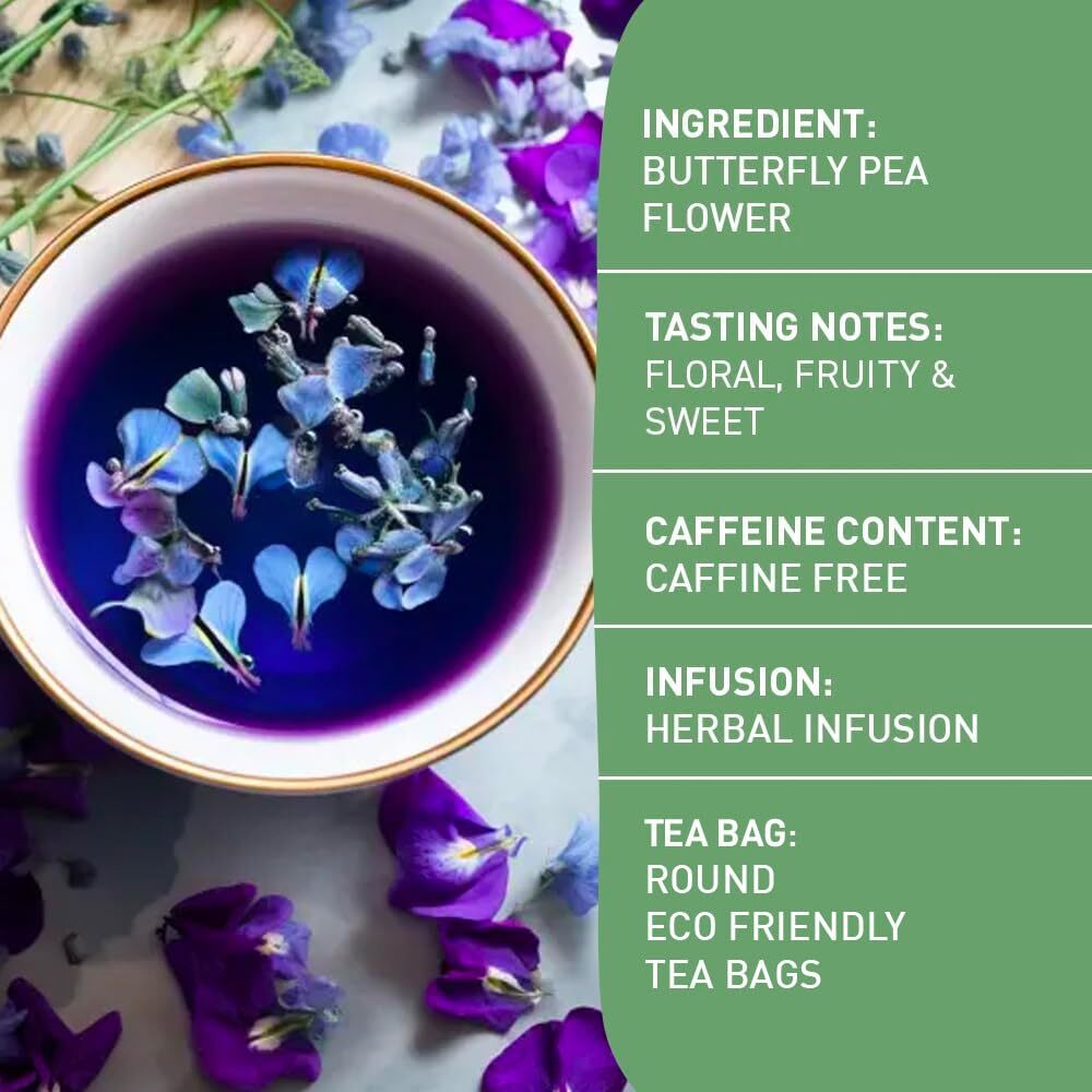 Butterfly Pea Flower Tea (100 Herbal Tea Bags) | Caffeine Free, Non GMO |