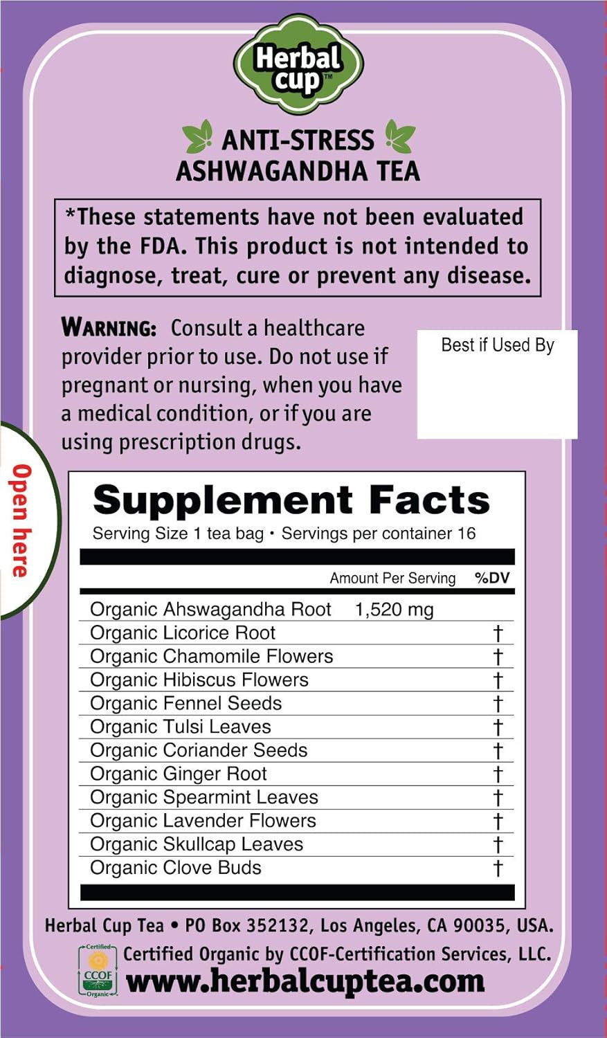Ayurveda Ashwagandha Tea, Organic Anti-Stress, No Caffeine Herbal Supplement (16