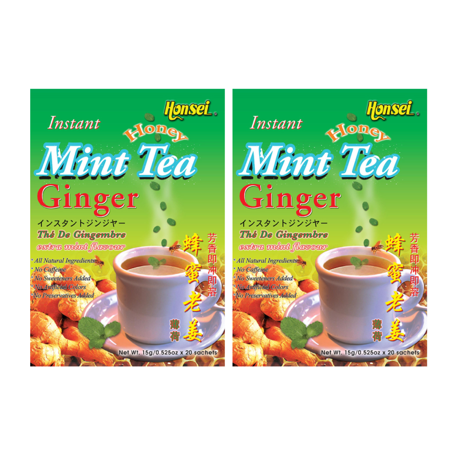Honsei Instant Ginger Honey Mint Tea, 15g/0.52 oz.20 Sachets Each Box – 2 PACK