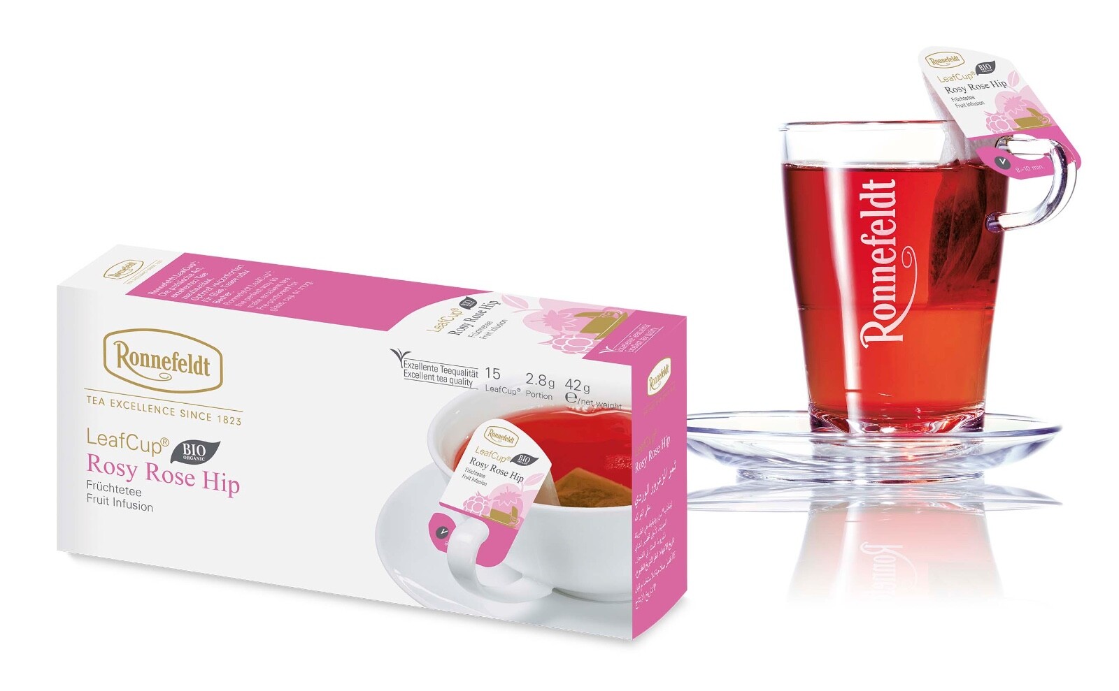 Ronnefeldt Leafcup® Rosy Rose Hip. 15 Premium fruit tea bags. Made in Germany