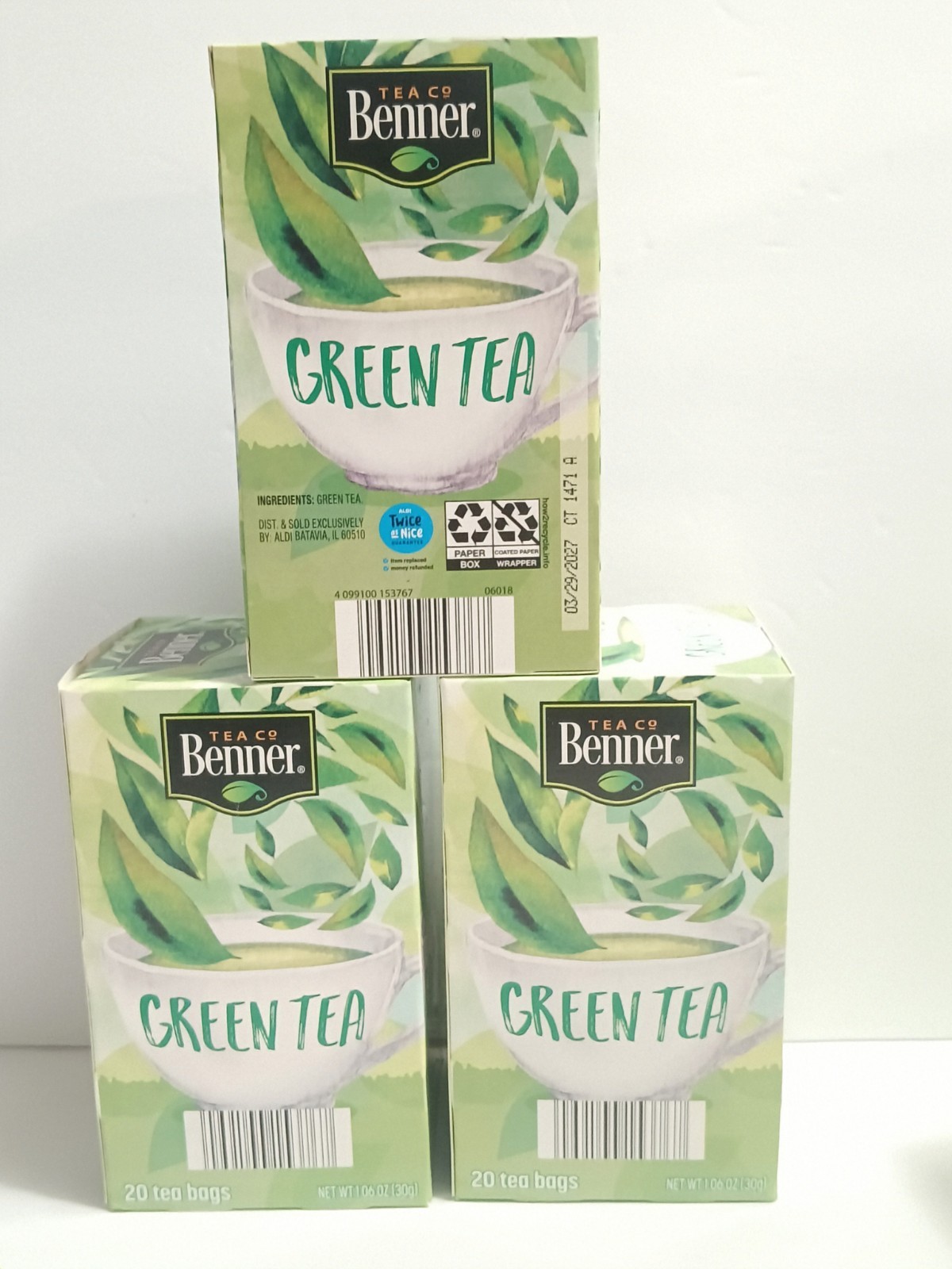 Benner Green Tea 60 bags ( 20 Bags Each Pack) 3/29/27 Net Wt 1.06oz
