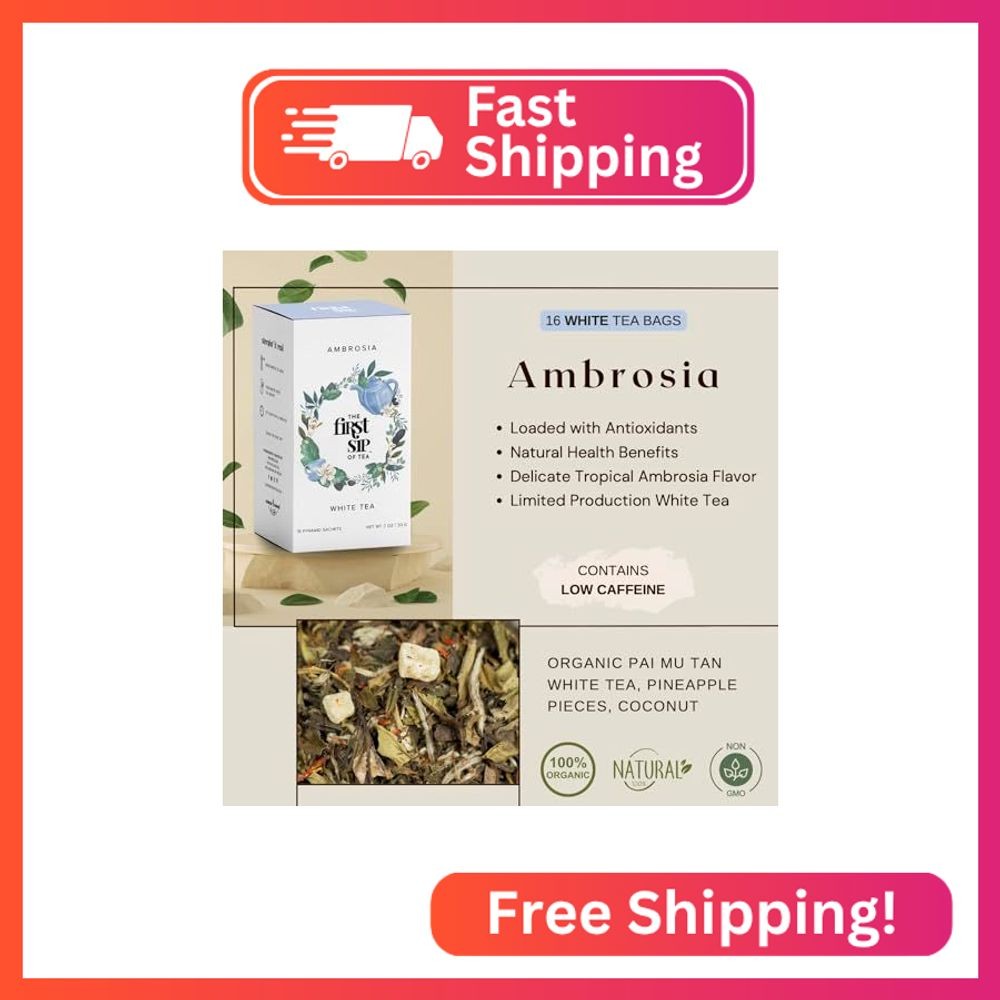 Ambrosia White Tea, Pyramid Sachet Tea Bags, Pai Mu Tan Fruity, Low-Caffeine, An