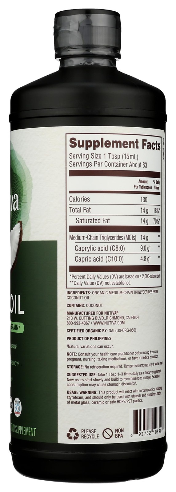 Nutiva Organic MCT Oil, Unflavored, 32 Oz, 32 Fl Oz (Pack of 1), Colorless