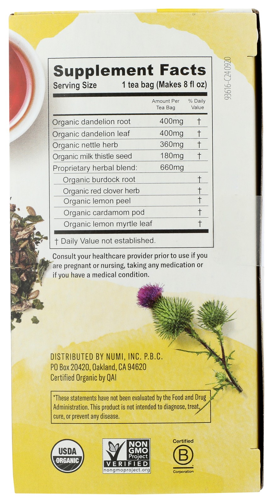 Numi Herbal Tea Dandelion Detox Organic 16 Bags Bag 3 Pack