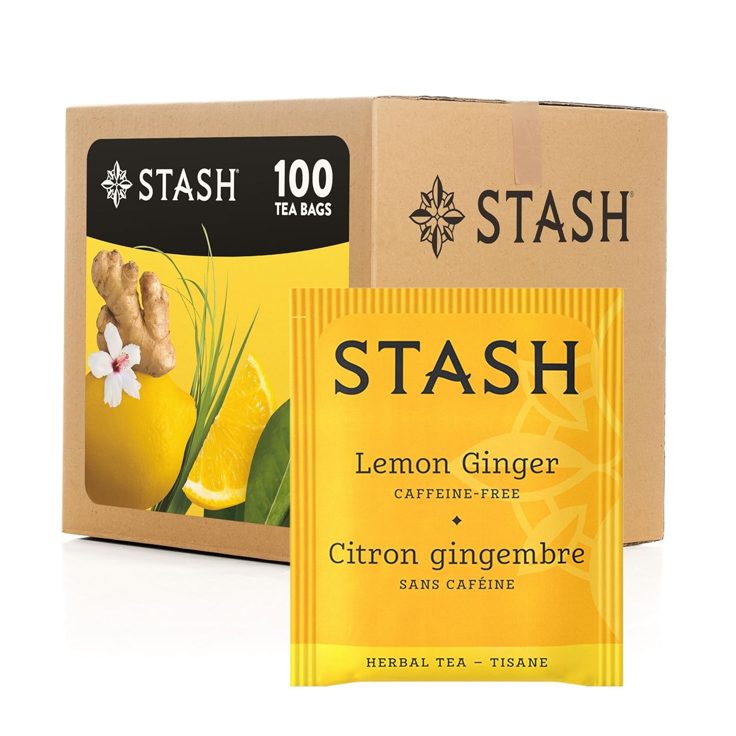 100 Ct Herbal Tea Lemon Ginger Box of Herbal Tea Bags Energy Boost Allergen-Free
