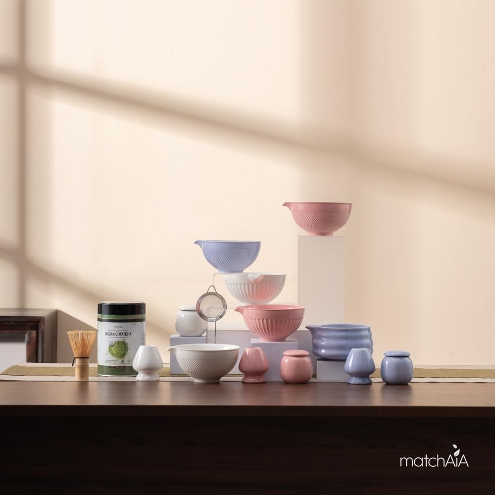 6 Pcs Matcha Set – Ceramic Bowl Whisk Canister Sifter Spoon