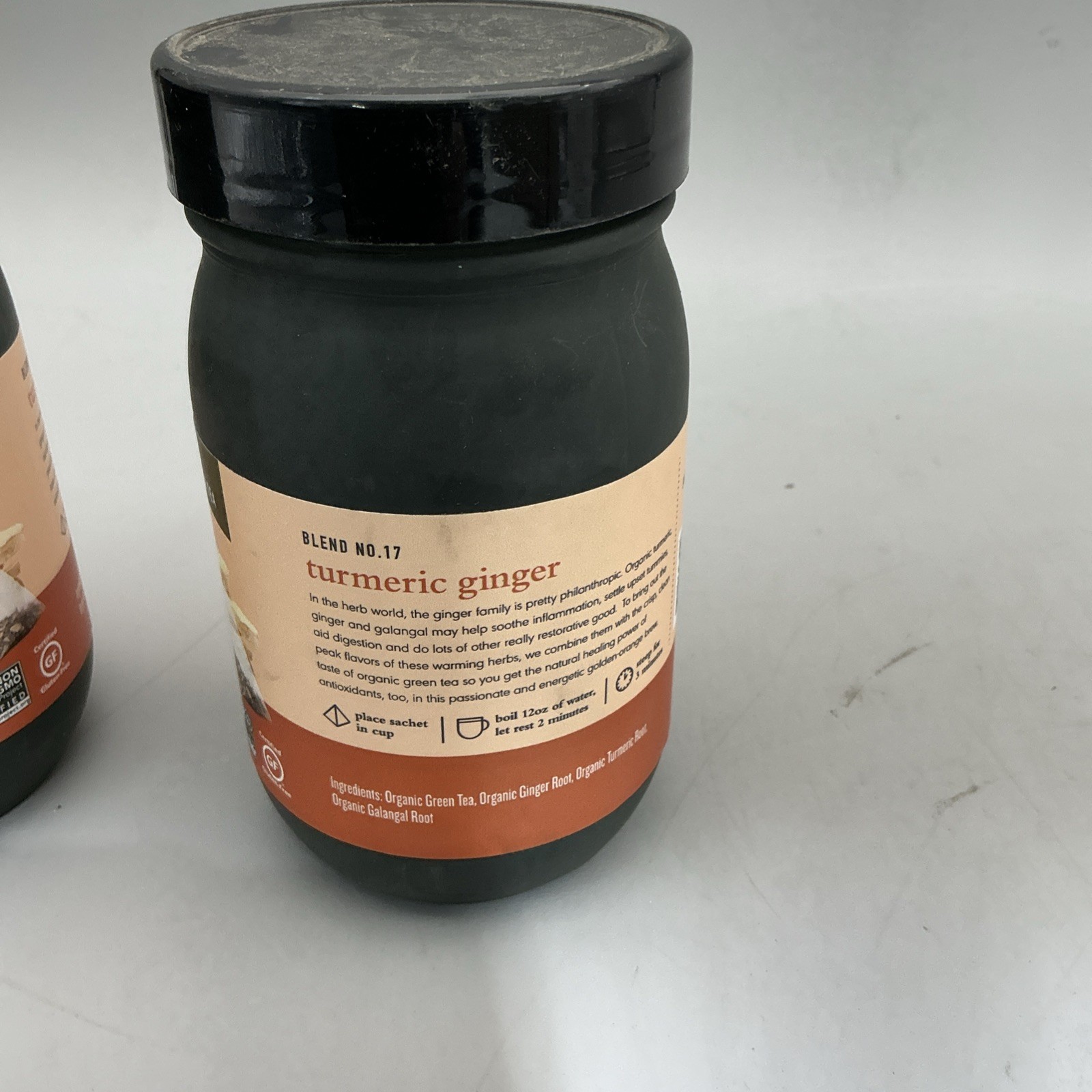 2 Pack Organic Turmeric Ginger Green Tea Glass Jar 15 Bags Each Exp 02/26