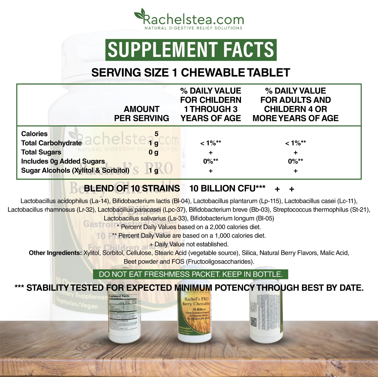 (30 Bags/60 Cups) Rachel’s Digestive Tea + Berry Chewable 10 Billion strains