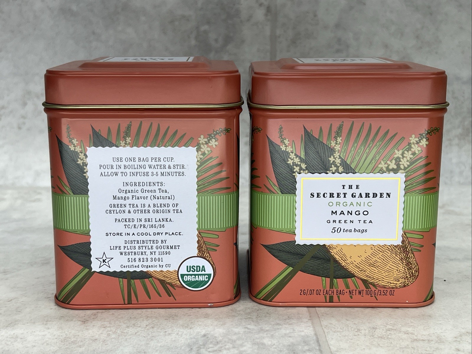 2 Tins! SECRET GARDEN ORGANIC MANGO CEYLON GREEN TEA~ 50 BAGS EACH ~10/2026+
