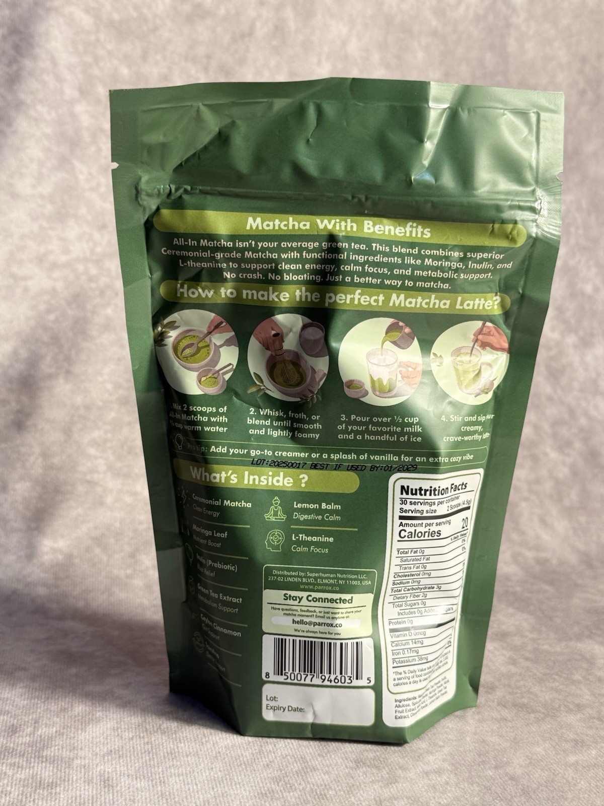 Parrox All-In Matcha Powder Creamy Matcha Zero Sugar Vegan Non-GMO 4.76 oz