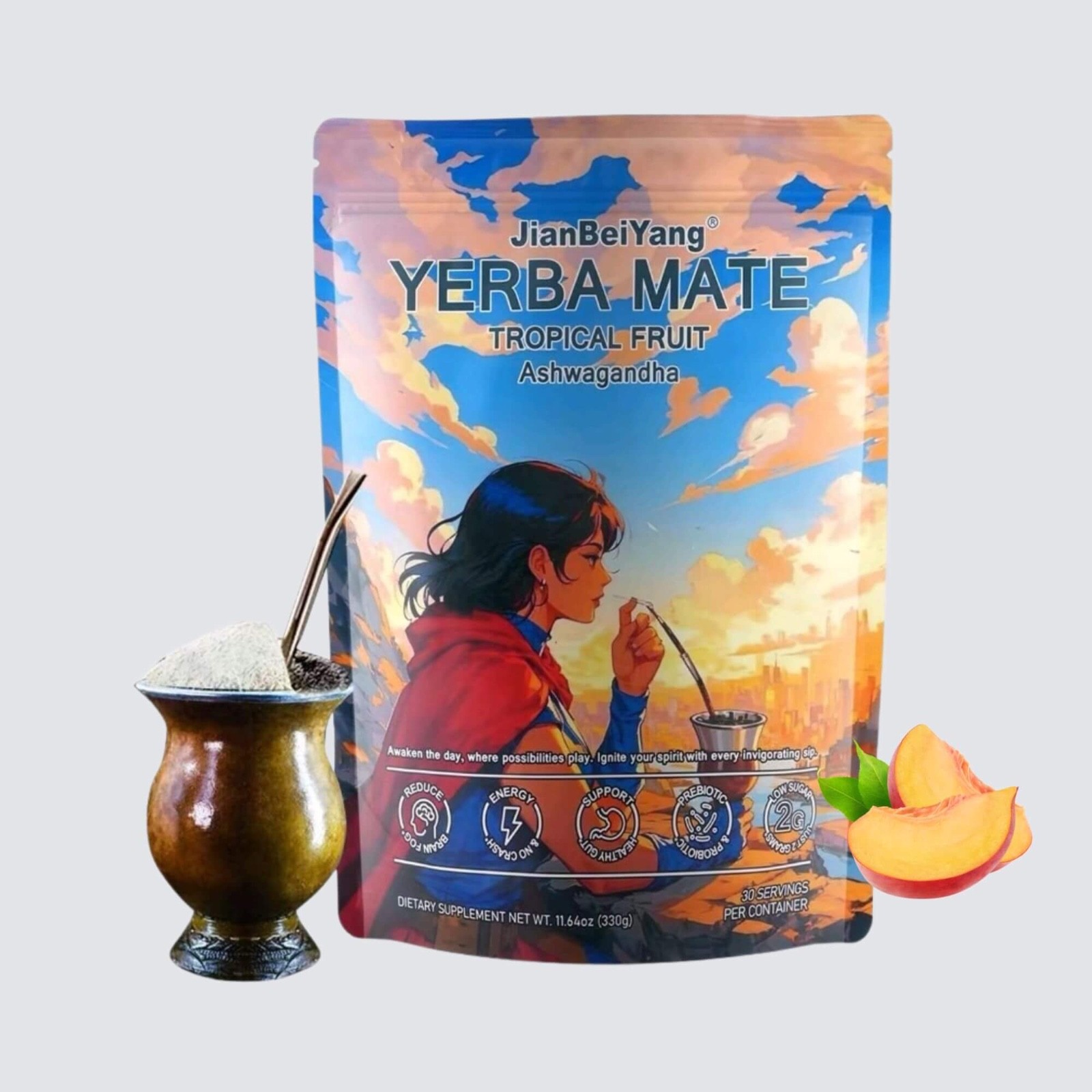 JianBeiYang Yerba Mate Tea Instant Powder Super Drink with Tropical Fruit (330G)