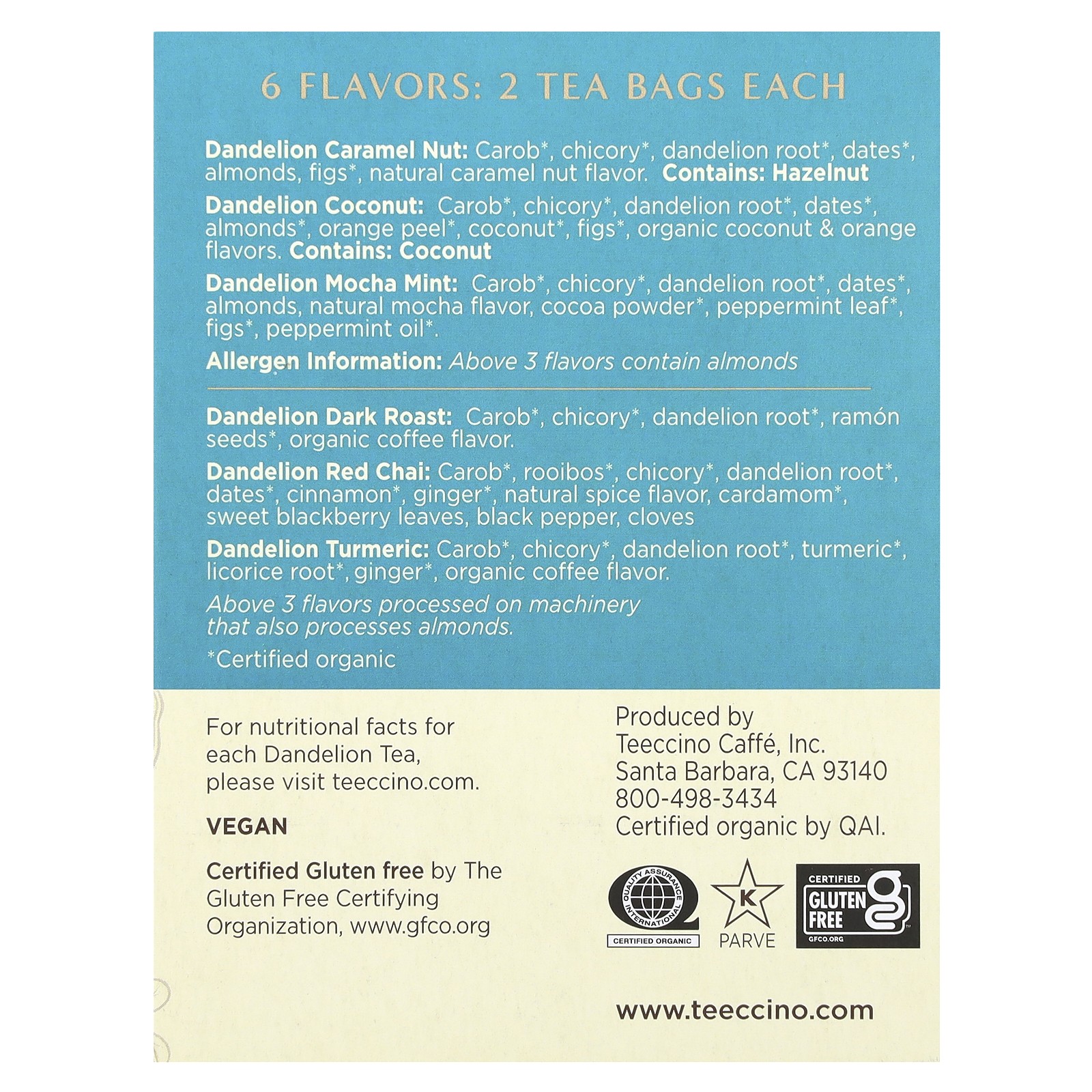 Dandelion Herbal Tea Sampler, 6 Flavors, Caffeine Free, 12 Tea Bags, 2.54 oz (72