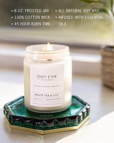 White Tea & Lily Scented Candle, 8oz 45 Hour Burn Craft and Kin Candle, All