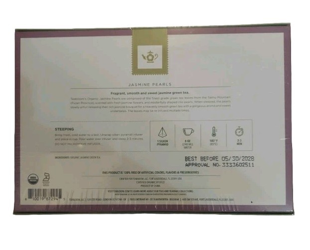 TEABLOOM Organic Jasmine Pearls 12 Premium Green Tea Pyramid Sachets
