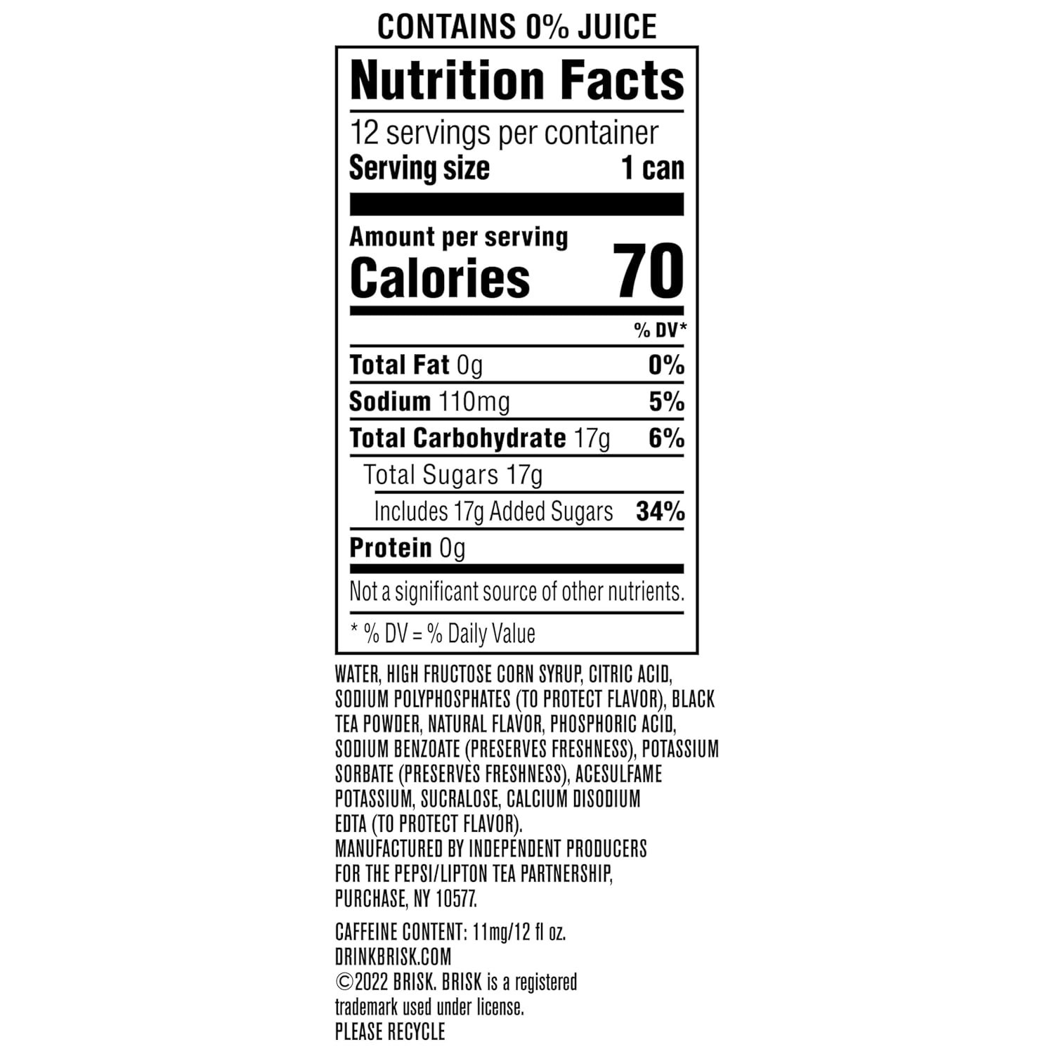 Brisk Lemon Iced Tea 12 Fl Oz Cans Pack of 12