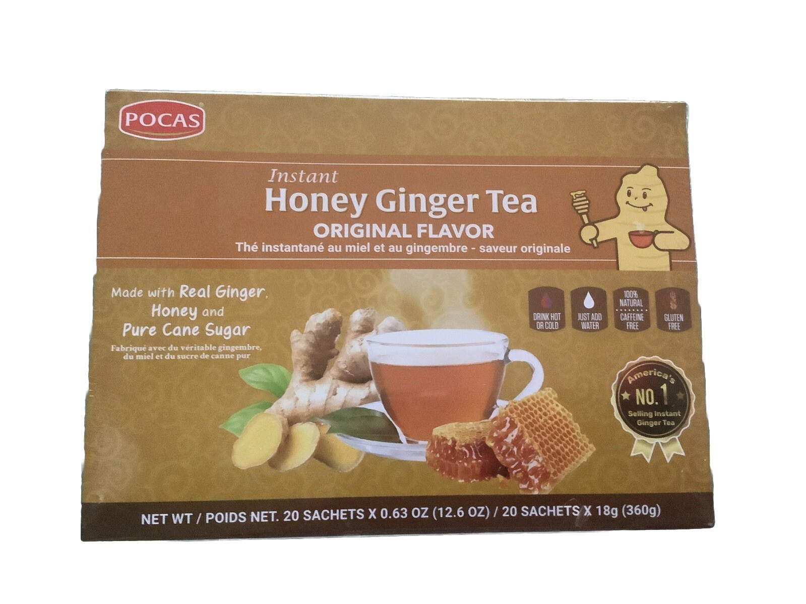 Pocas Ginger Tea With Honey Instant 12.6oz (20 bag) with Real Ginger NIP