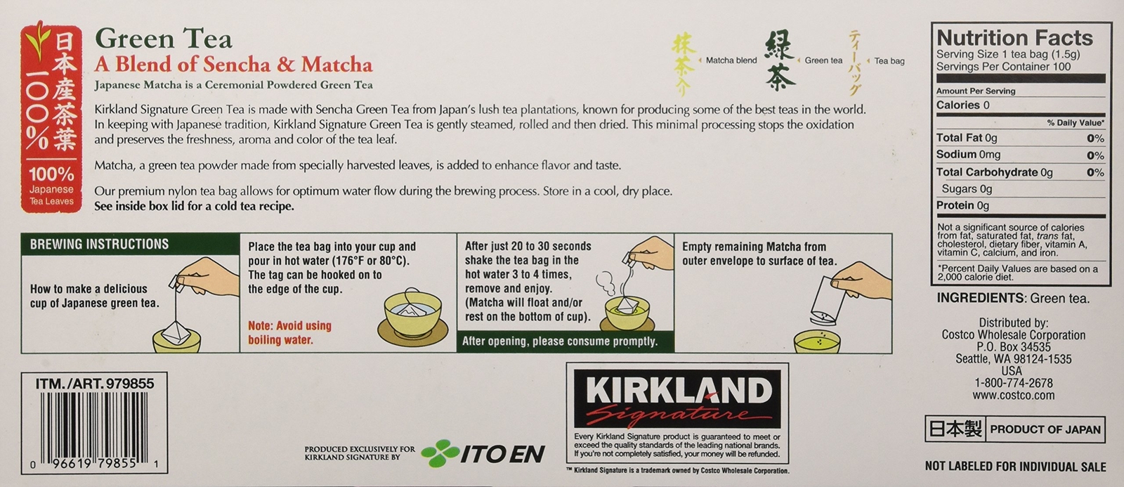 Kirkland Ito En Matcha Blend Japanese Green Tea-100 ct 1.5g tea bags