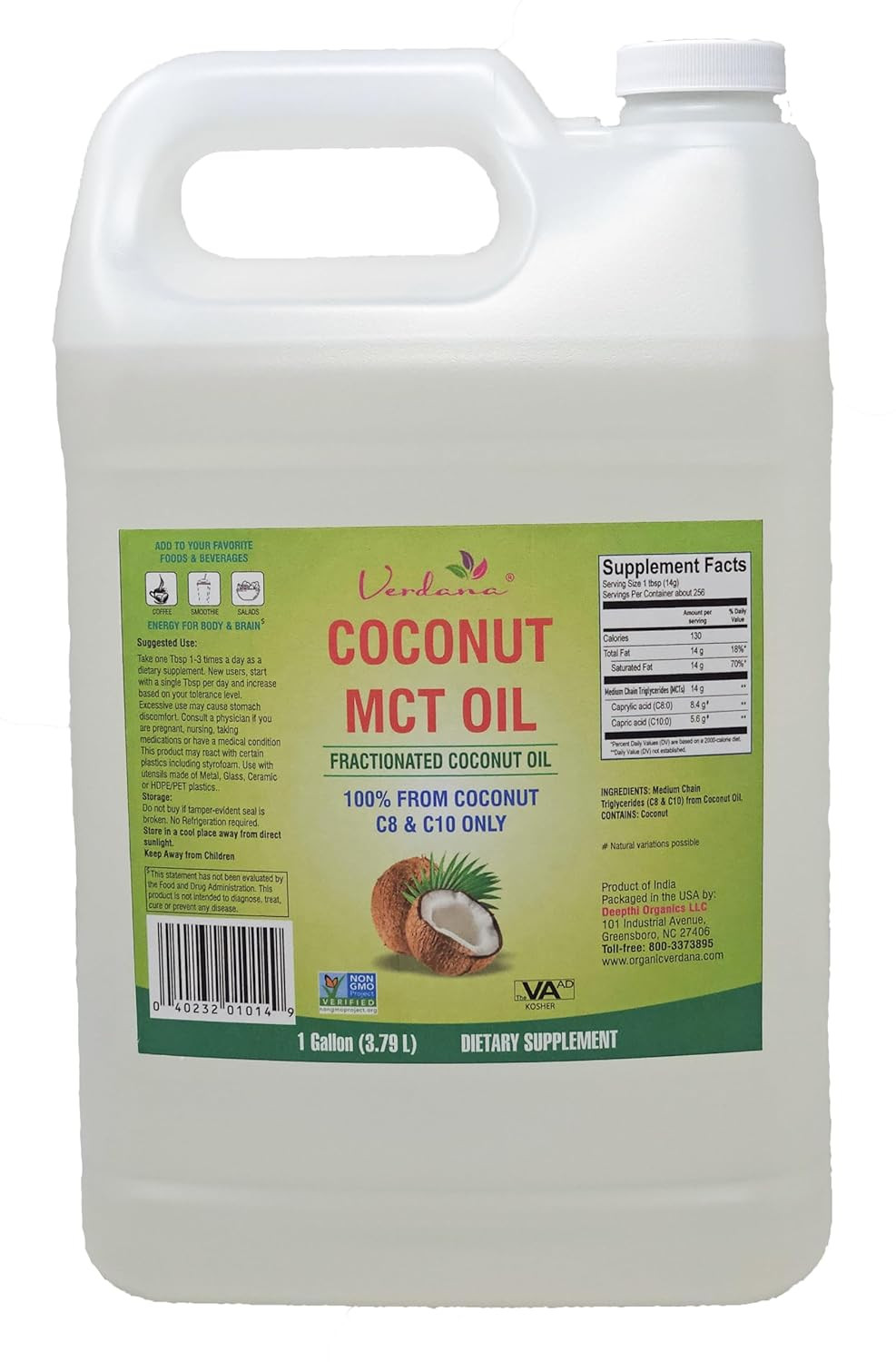 Verdana MCT Oil, Fractionated, 100% from Coconut – 1 Gallon – Kosher Food…