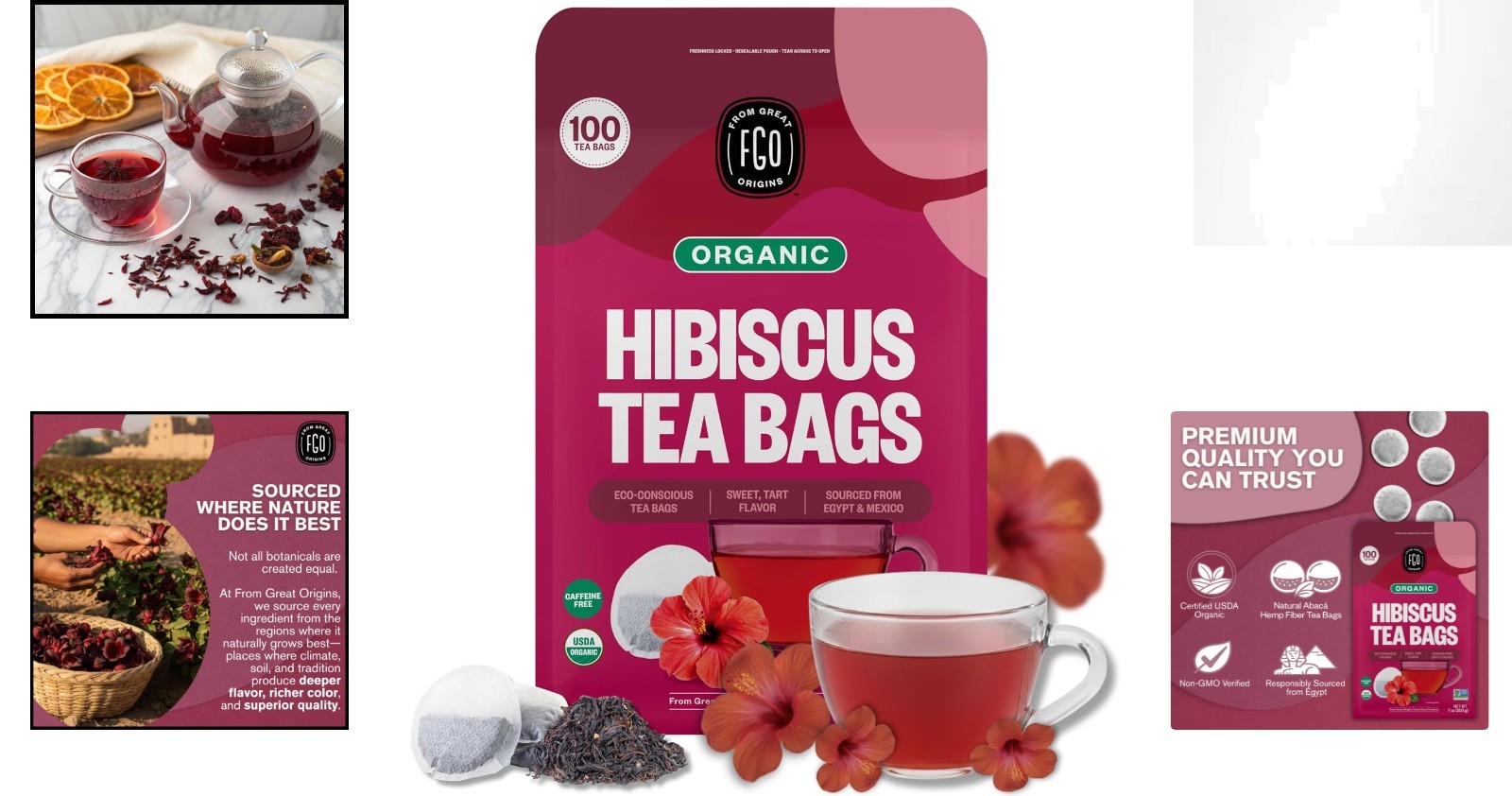 USDA Organic 100 Count Hibiscus Tea Bags – Sweet & Tart Flavor, Zero Caffeine