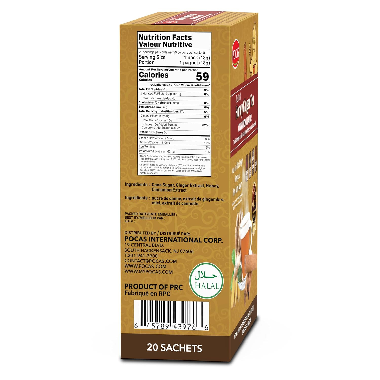 Pocas Honey Ginger Instant Tea Powder, Cinnamon Flavor, Ginger Extract & Real Ho