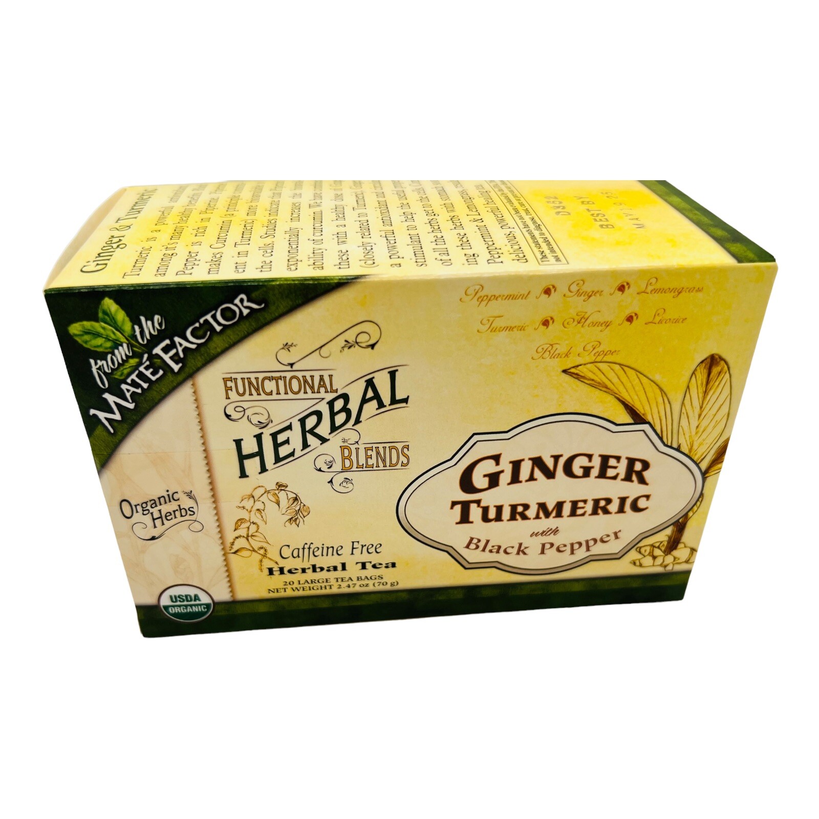 Mate Factor Herbal Tea Ginger & Turmeric with Black Pepper Blend 20 Bags 05/25