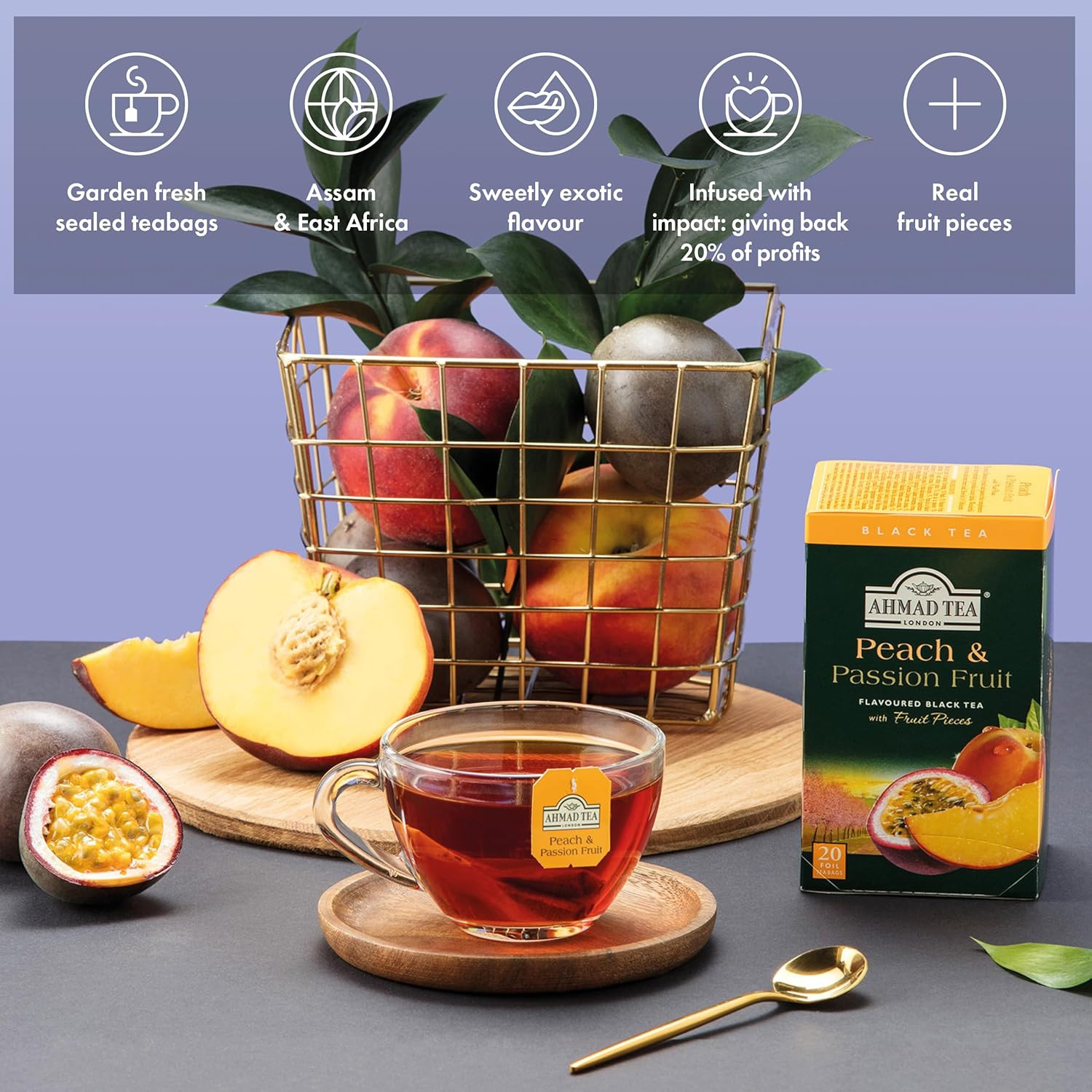 Ahmad Tea Peach & Passion Fruit Black Tea, 20-Count Boxes (Pack of 6)