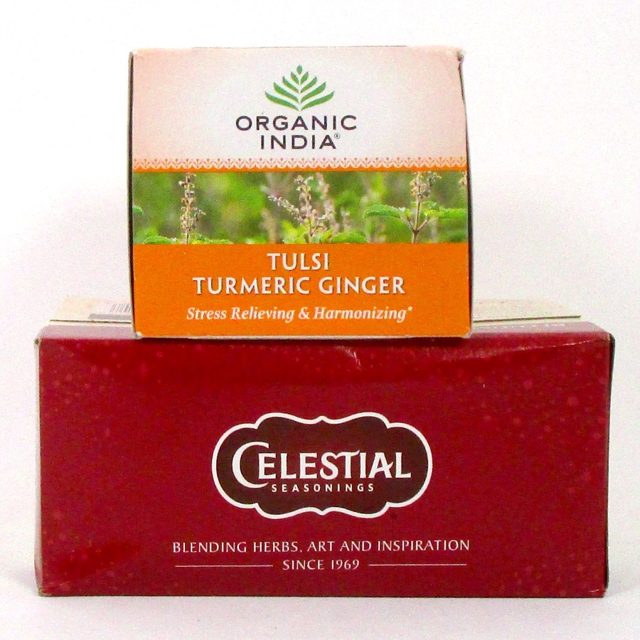 Organic India Tulsi Turmeric Ginger, Celestial Seasonings Cinnamon Apple Spice