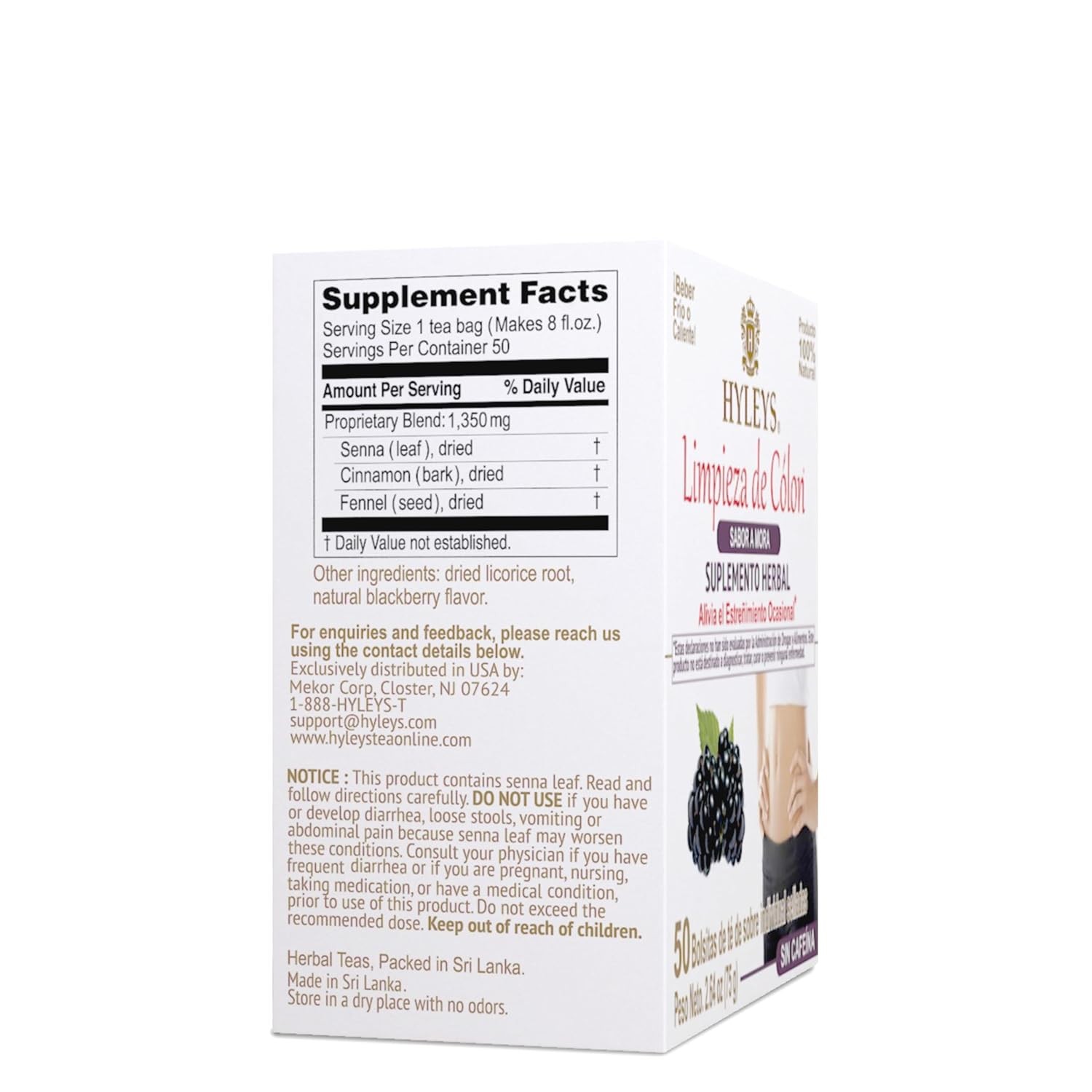 HYLEYS Tea Wellness Colon Cleanse, Blackberry, 50 Count, 1 Pack