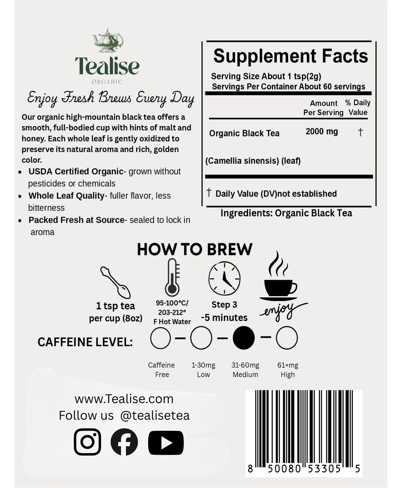 Organic Black Tea Plant-Based & Plastic-Free Tea Bags 60 Servings Premium Who…