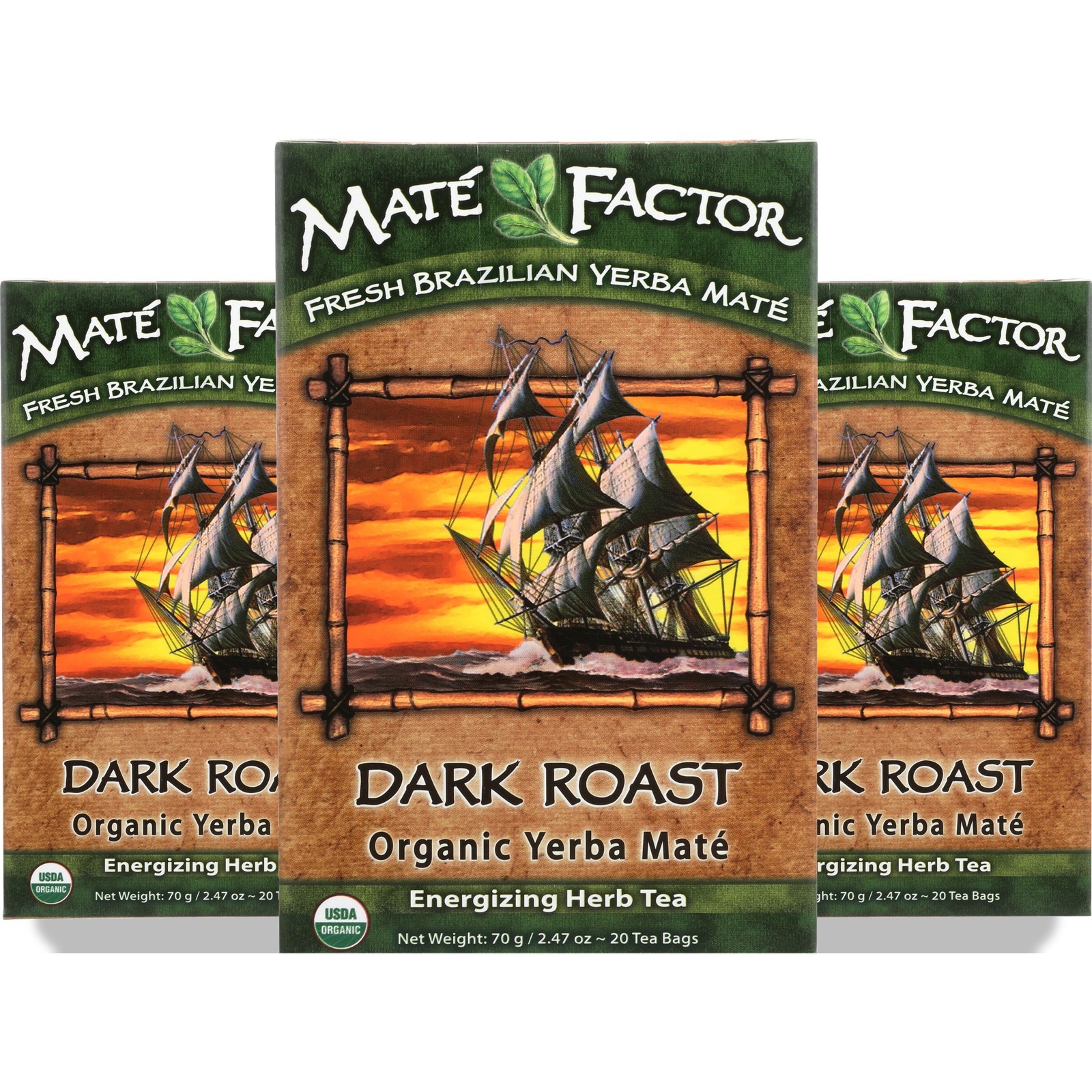 Mate Factor Dark Roast Organic Yerba Tea Bags 20 Count Bag 3 Pack