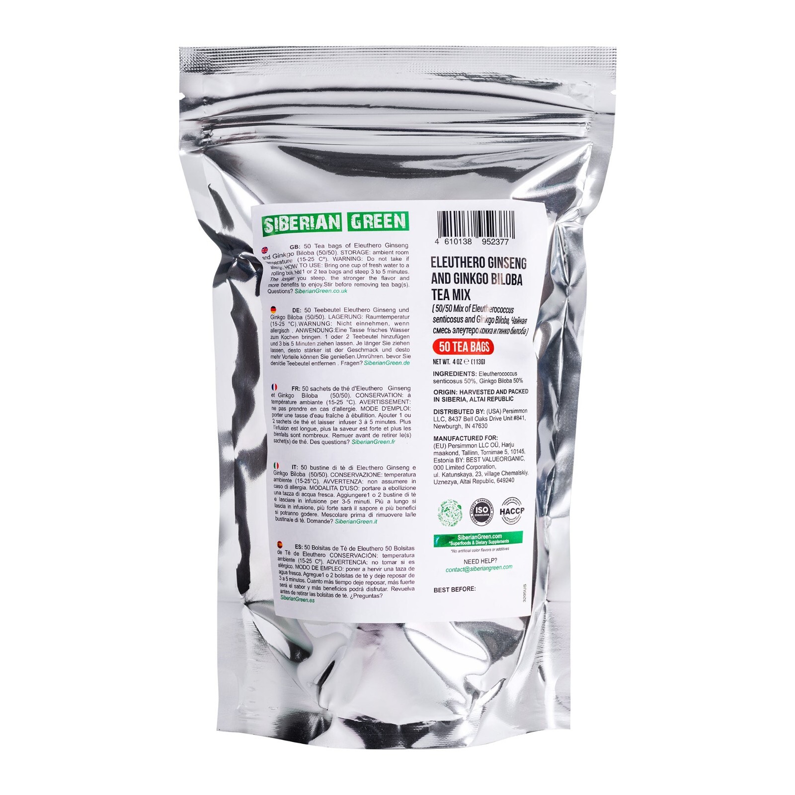 Siberian Green Ginkgo Biloba Tea with Eleuthero Root – 50 Tea Bags