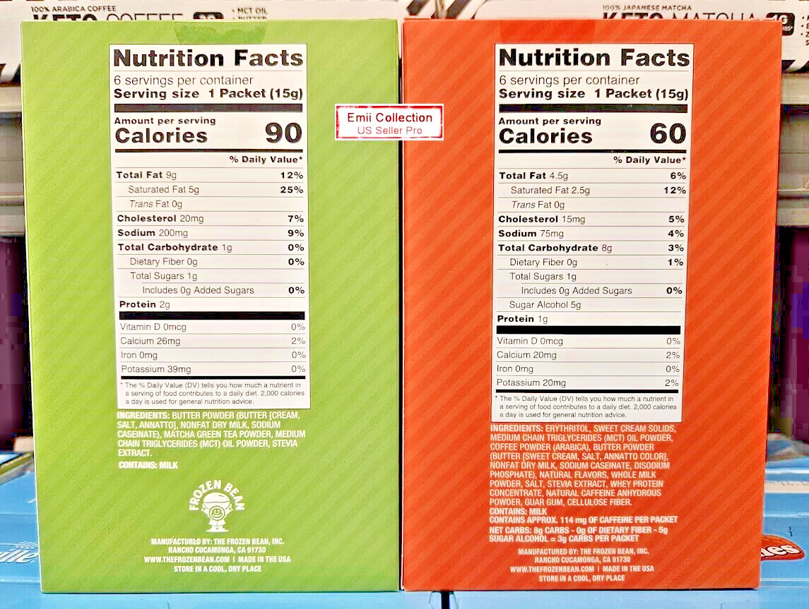 The Frozen Bean Keto 6 stick Packs Matcha & Coffee 3.18oz 90g (2 Boxes)
