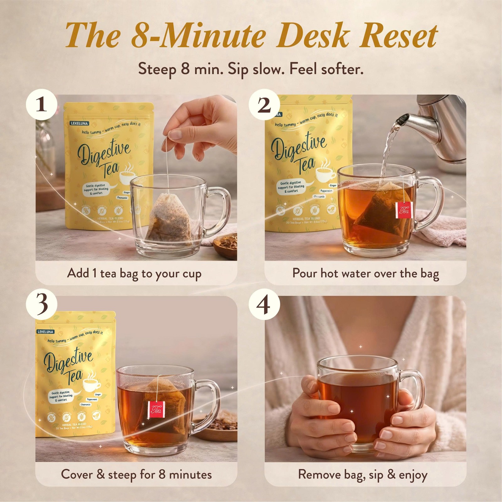 Lekeluna Digestive Tea – Ginger Peppermint Herbal Tea, Caffeine-Free Peppermi…