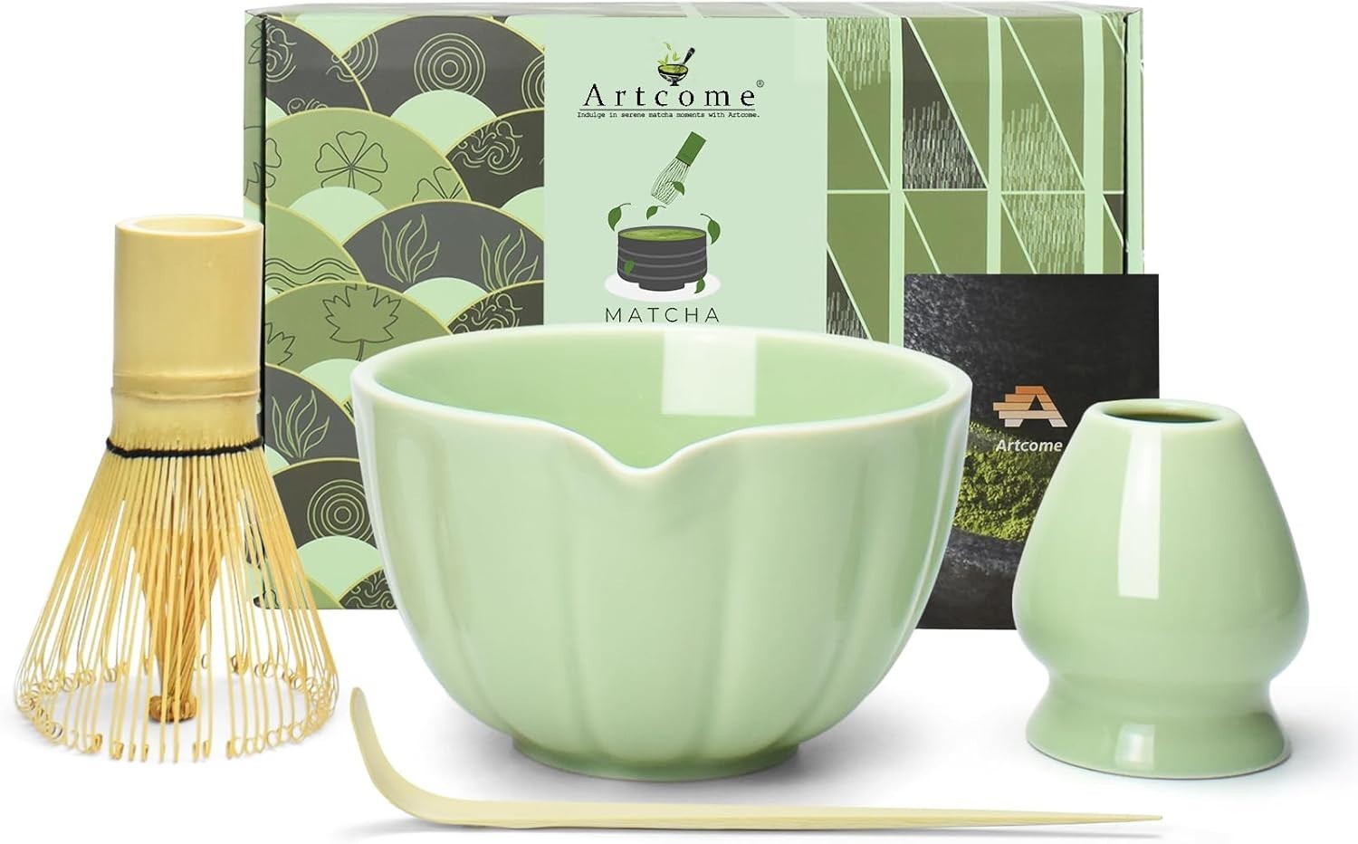 4PCS Matcha Tea Set Bowl Whisk Scoop Holder Japanese Tea Ceremony Kit Green