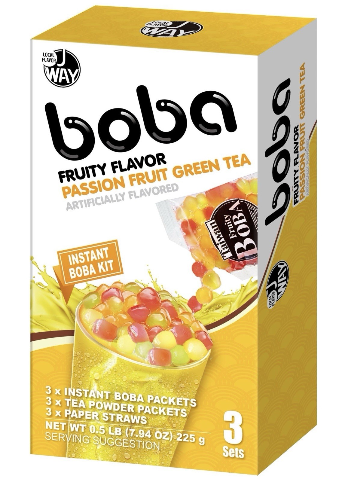 J Way Instant Bubble Pearl Boba Fruity Passion Fruit Green Tea Kit, 3 Servings