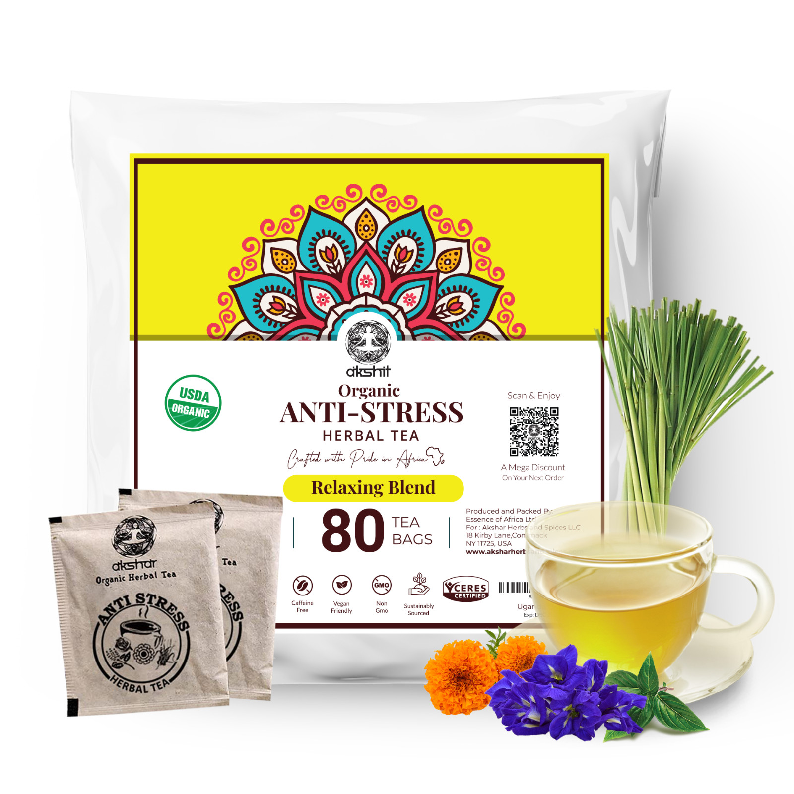 Organic Anti Stress Tea 80 Bags, Anxiety Tea For Stress Relief and Relaxation