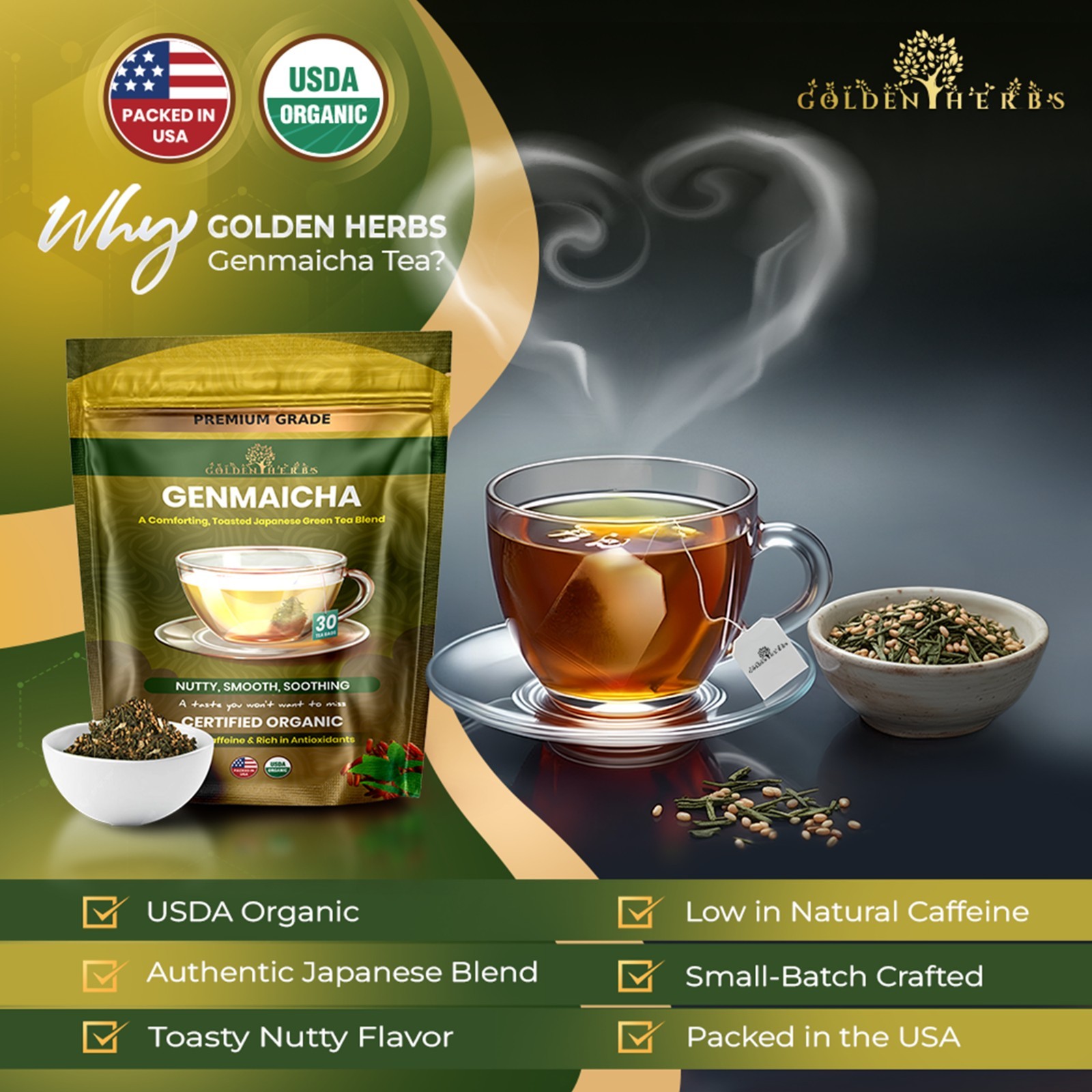 Golden Herbs Japanese Genmaicha Green Tea – Premium Roasted Brown Rice Blend