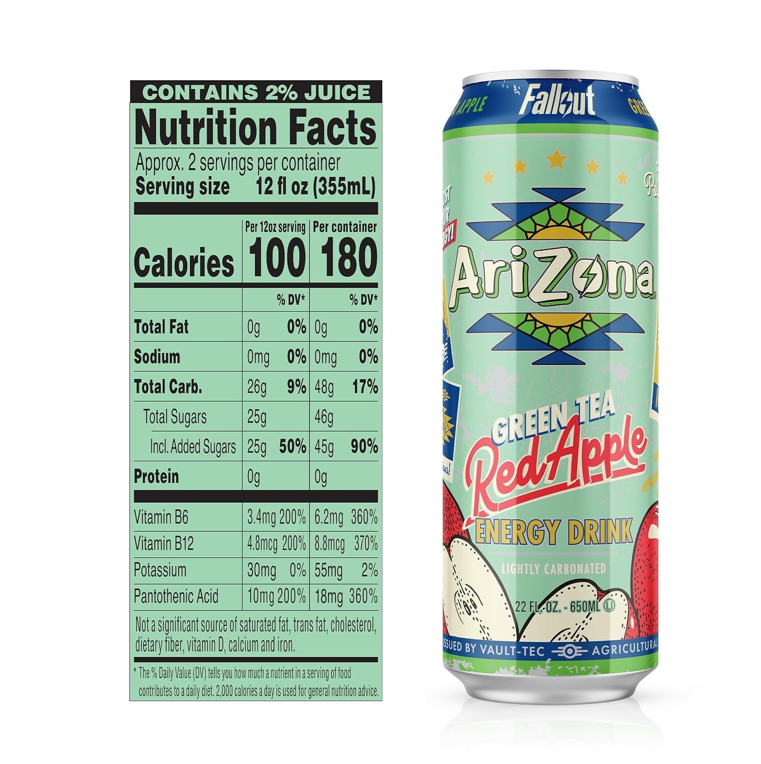 AriZona x Fallout Green Tea Energy Drink Red Apple Flavor 22 fl oz, Vault-Tec