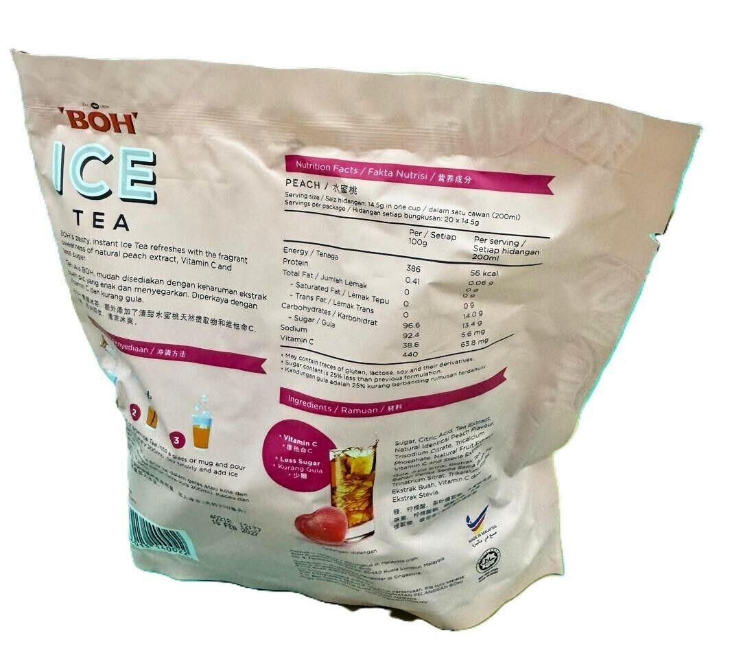 Boh Ice Tea Instant Mix Peach Flavour Vitamin C Less Sugar 20s x 14.5g – 1 Pack