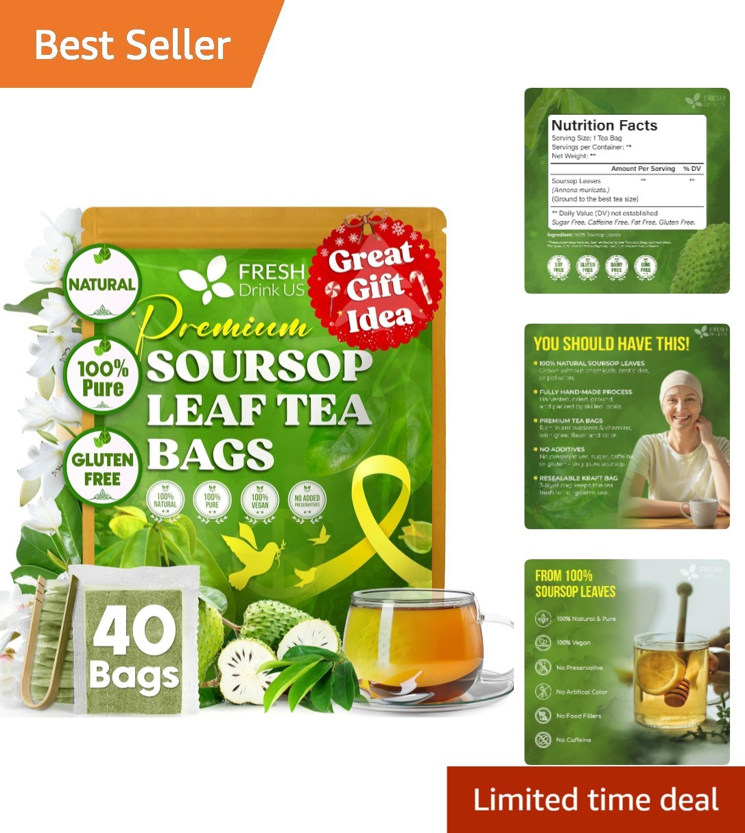 Soursop Leaf Tea Bags 40 Count Natural Herbal Relaxation