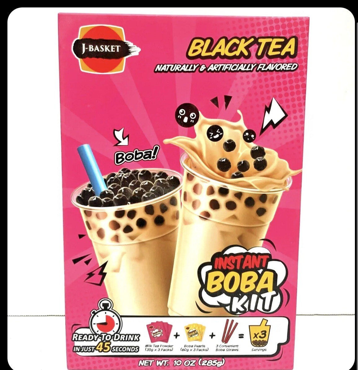 J-Basket Milk Tea Boba Kit Black Tea Flavor with Instant Tapioca Pearls 1 Box