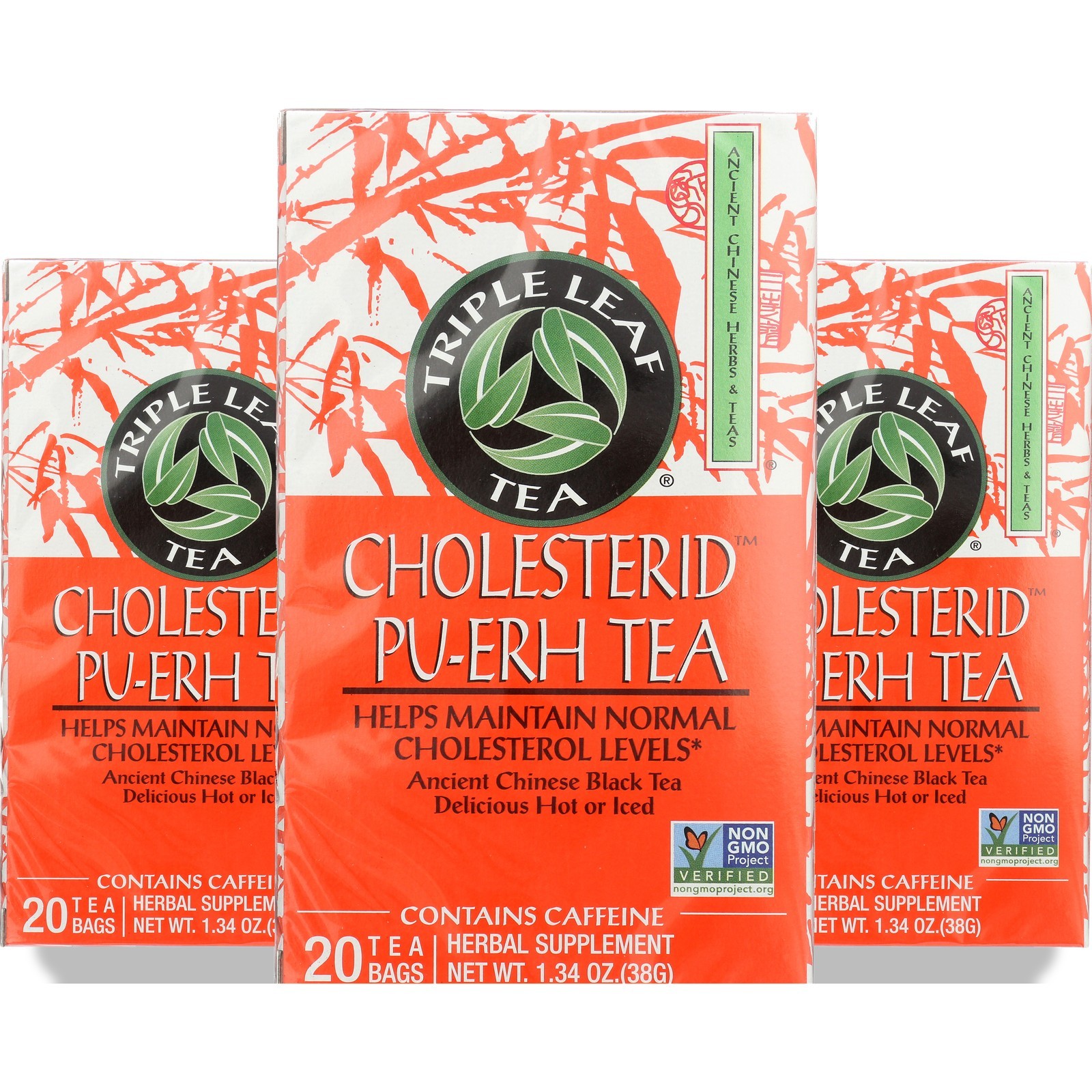 Triple Leaf Tea Cholesterid Pu-Erh Herbal By 20 Bags Black 3 Pack
